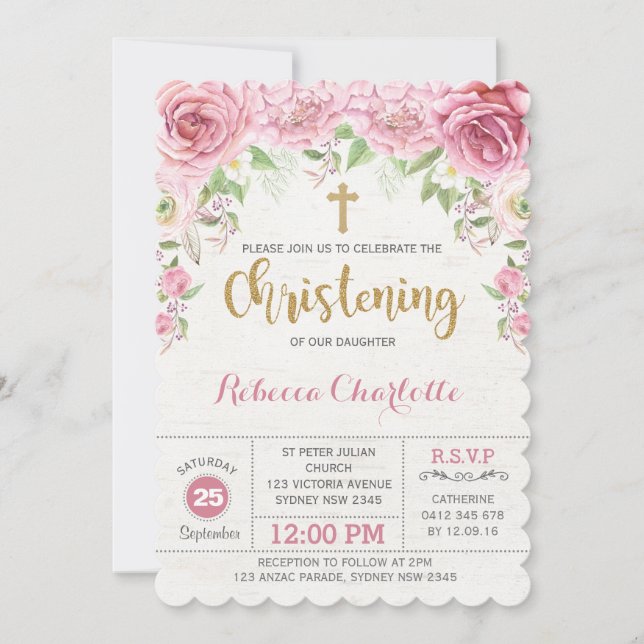 Girl Christening Invitation Pink Gold Flower Roses (Front)