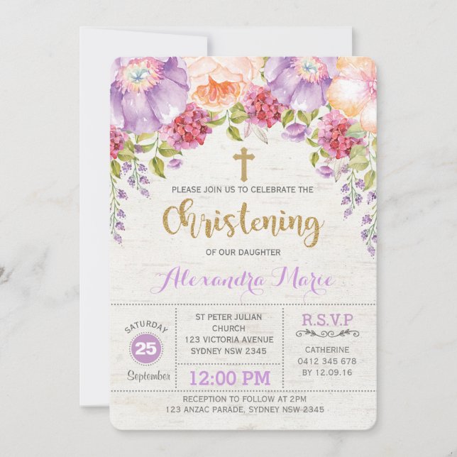 Girl Christening Invitation Purple Flower Baptism (Front)