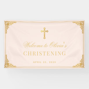 Girl Christening Pink Faux Gold Vintage Baptism Banner