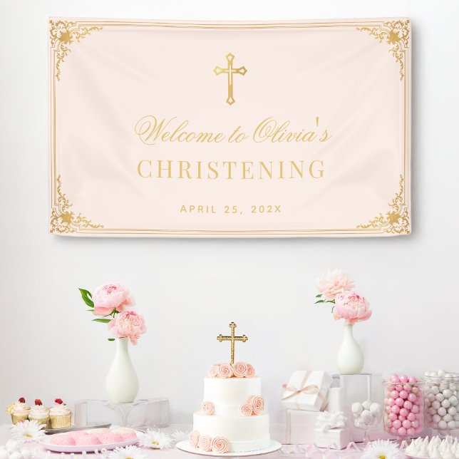 Girl Christening Pink Faux Gold Vintage Baptism Banner (Creator Uploaded)