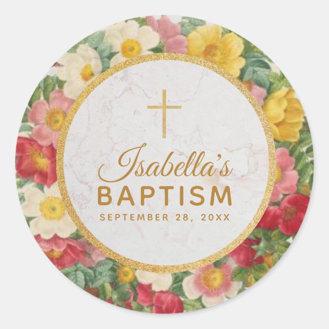 Girl Christening Rose Wreath Floral Gold Cross Classic Round Sticker (Front)