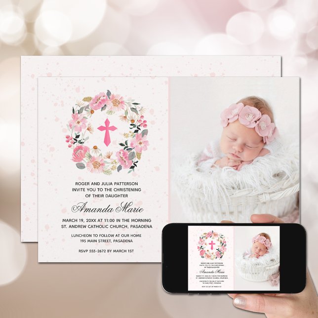 Girl Christening Watercolor Pink Floral Invitation (Creator Uploaded)