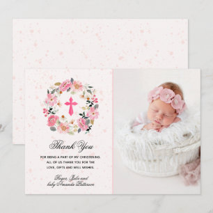 Girl Christening Watercolor Pink Floral Thank You Card