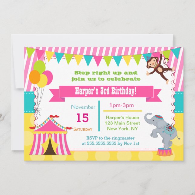Girl Circus Carnival Birthday Party Invitations (Front)