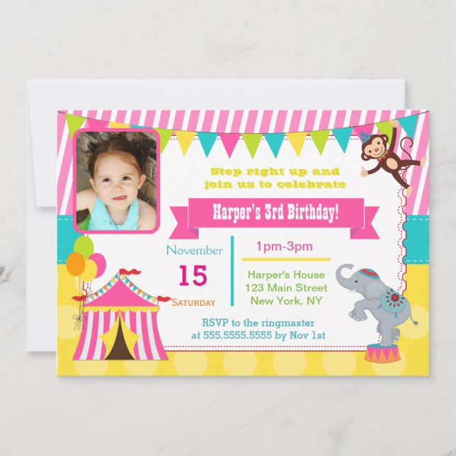 Girl Circus Carnival Photo Birthday Invitations (Front)