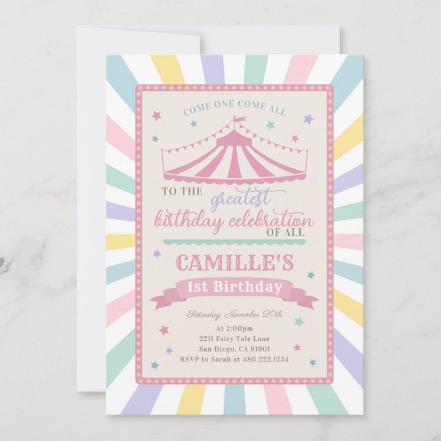 Girl Circus Theme Birthday Party Invitation (Front)