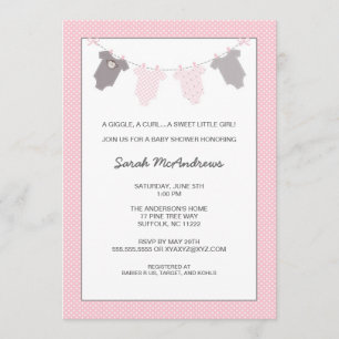 Girl Clothesline Baby Shower Invite Pink Grey