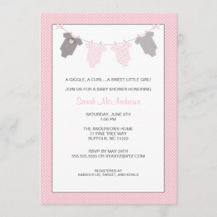 Girl Clothesline Baby Shower Invite Pink Grey