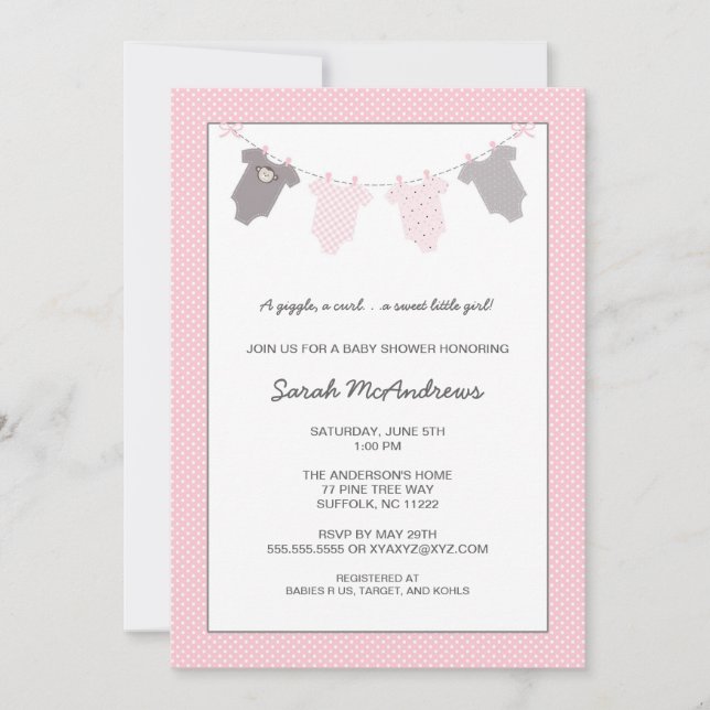 Girl Clothesline Baby Shower / pink grey Invitation (Front)