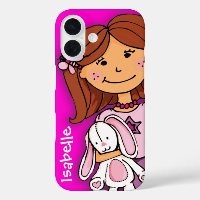 Girl clutching a white rabbit pink name case (Back)
