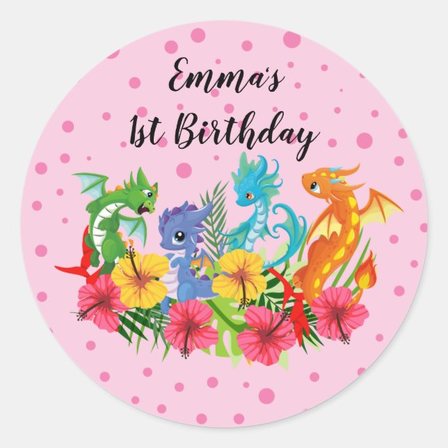 Girl Colorful  Dinosaur Tropical First Birthday Classic Round Sticker (Front)