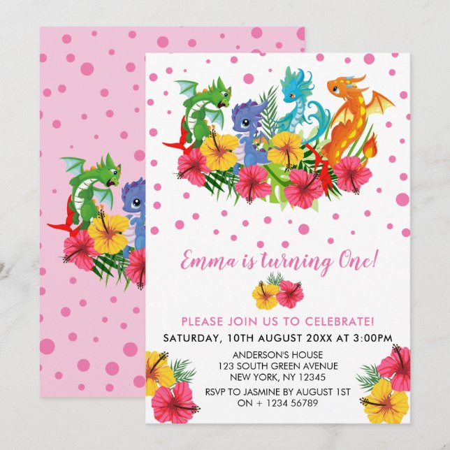 Girl Colorful  Dinosaur Tropical First Birthday Invitation (Front/Back)
