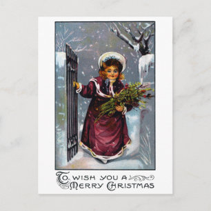Girl Comes Through Front Gate in Winter Postcard