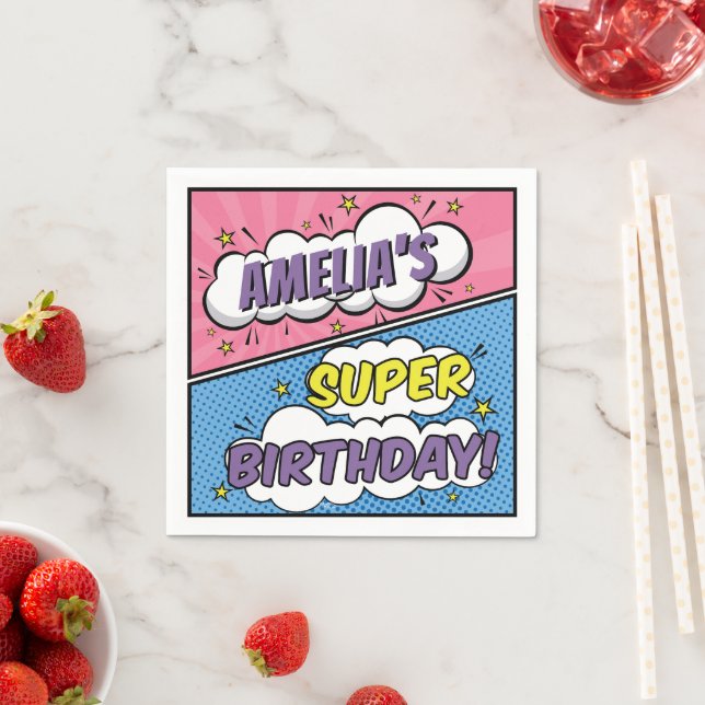Girl Comic Book Style Superhero Happy Birthday Napkin (Insitu)