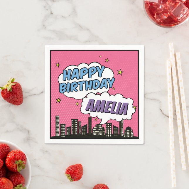 Girl Comic Book Style Superhero Happy Birthday Napkin (Insitu)