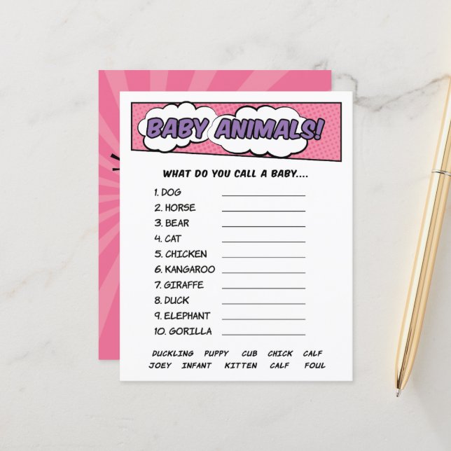 Girl Comic Book Superhero Baby Shower Animals Game (Front/Back In Situ)