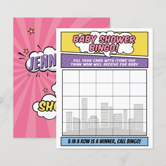 Girl Comic Book Superhero Baby Shower Bingo Game (Front/Back)