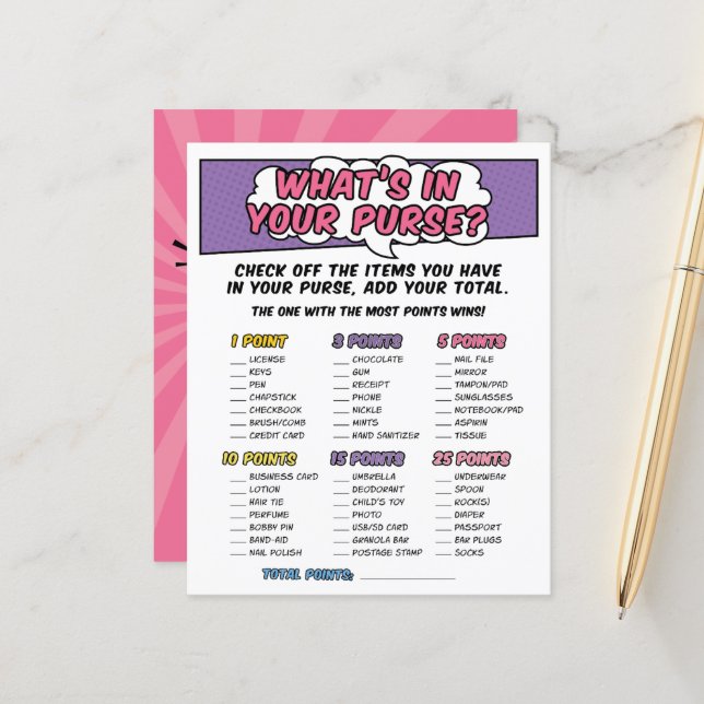 Girl Comic Book Superhero Baby Shower Purse Game (Front/Back In Situ)