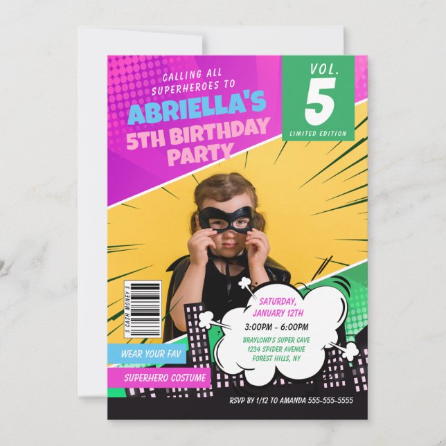 Girl Comic Book Superhero Birthday Invitation (Front)