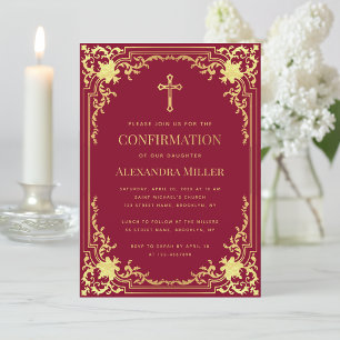 Girl Confirmation Burgundy Faux Gold Cross Elegant Invitation