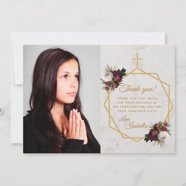 Girl Confirmation Burgundy Peony Gold Cross Marble Thank You Card (Front)