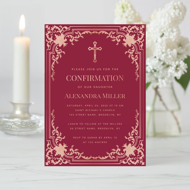 Girl Confirmation Burgundy Pink Rose Gold Elegant Invitation (Creator Uploaded)