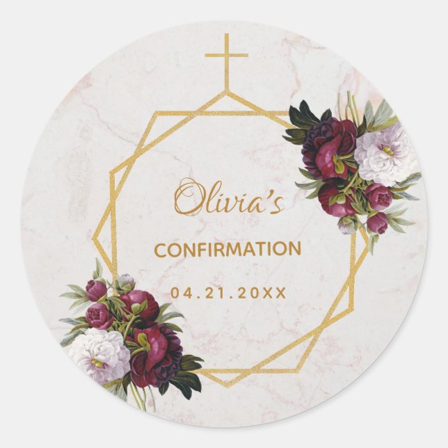 Girl Confirmation Burgundy Red Peonies Marble Gold Classic Round Sticker (Front)