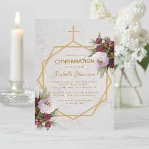Girl Confirmation Burgundy Red Peonies Marble Gold Invitation