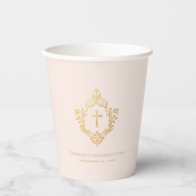 Girl Confirmation Crest Blush Pink Faux Gold Cross Paper Cups (Front)