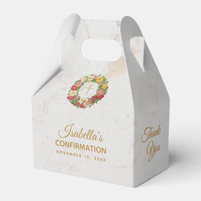 Girl Confirmation Cross Rose Wreath Marble Floral Favour Box (Front Side)