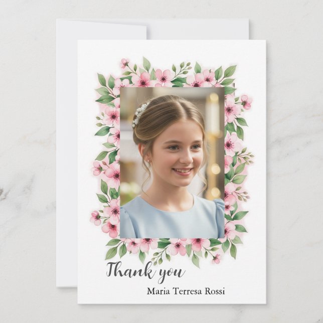 Girl Confirmation Custom Photo Floral Thank you    Card (Front)