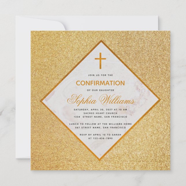 Girl Confirmation Faux Gold Foil White Marble Invitation (Front)