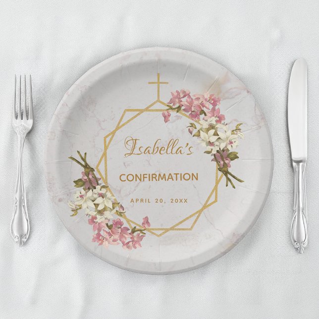 Girl Confirmation Floral Gold Pink Orchids Marble Paper Plate (Creator Uploaded)