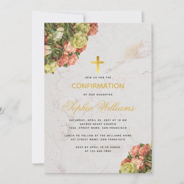 Girl Confirmation Floral Marble Carnations Script Invitation (Front)