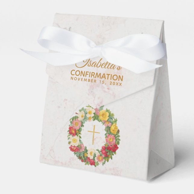 Girl Confirmation Floral Marble Cross Rose Wreath Favour Box (Front Side)