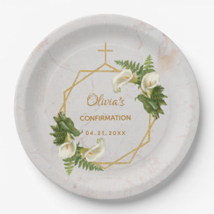 Girl Confirmation Floral Marble Gold Calla Lilies Paper Plate