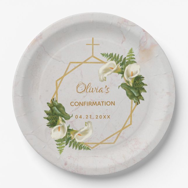 Girl Confirmation Floral Marble Gold Calla Lilies Paper Plate (Front)