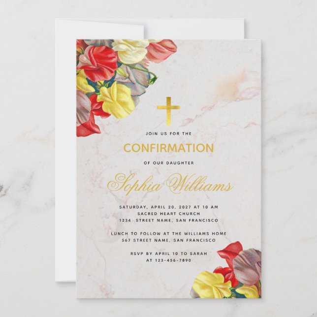 Girl Confirmation Floral Marble Sweet Peas Script Invitation (Front)