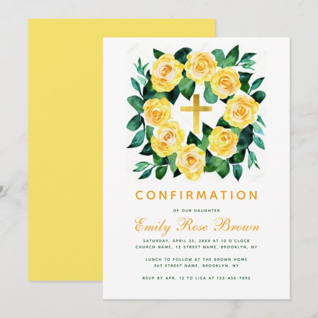 Girl Confirmation Floral Yellow Rose Wreath Script Invitation (Front/Back)