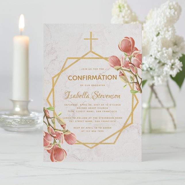 Girl Confirmation Gold Pink Magnolia Marble Floral Invitation (Creator Uploaded)