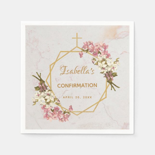 Girl Confirmation Marble Gold Pink Orchids Floral Napkin (Front)