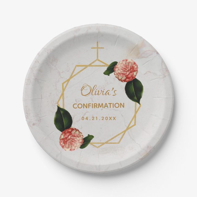 Girl Confirmation Marble Pink Camellia Floral Gold Paper Plate (Front)