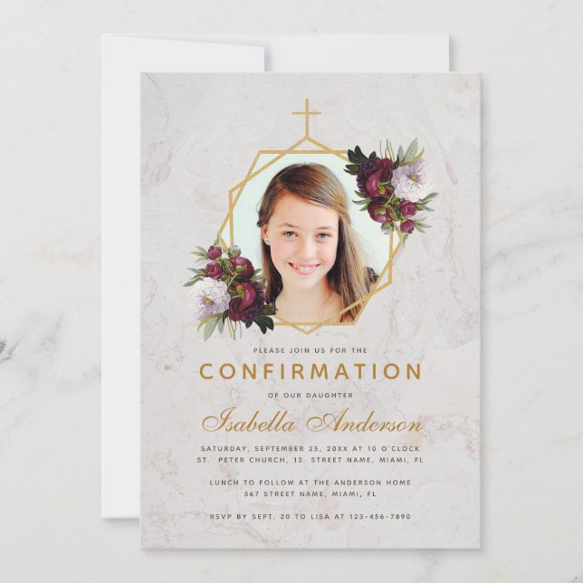 Girl Confirmation Photo Floral Burgundy Peonies Invitation (Front)