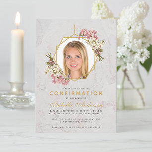 Girl Confirmation Photo Gold Marble Pink Orchids Invitation