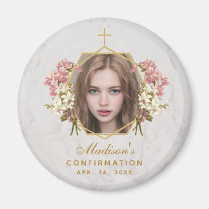 Girl Confirmation Photo Pink Orchids Floral Marble Magnet