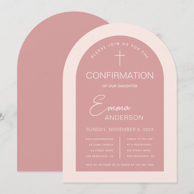 Girl Confirmation Pink Arch Modern Dusty Rose Invitation (Front/Back)