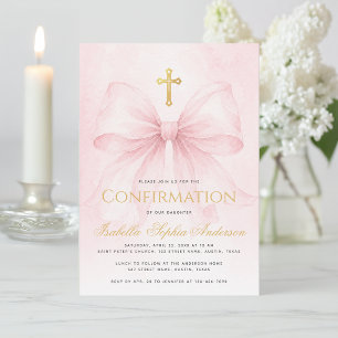 Girl Confirmation Pink Bow Faux Gold Cross Elegant Invitation