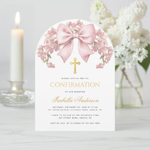 Girl Confirmation Pink Bow Floral & Cross Elegant  Invitation