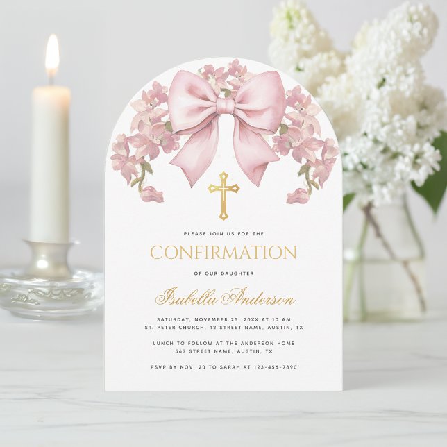 Girl Confirmation Pink Bow Floral & Cross Elegant  Invitation (Creator Uploaded)