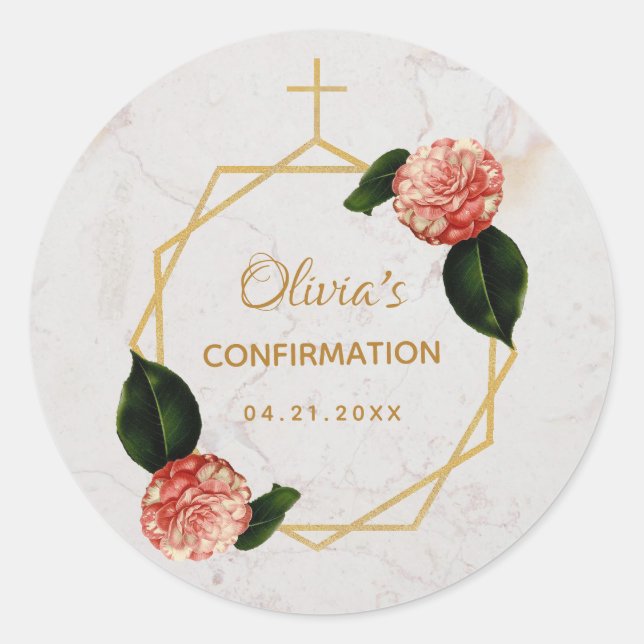Girl Confirmation Pink Camellia Floral Gold Marble Classic Round Sticker (Front)